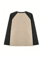 Women Solid Color Patchwork Round Neck Long Sleeve Casual Top